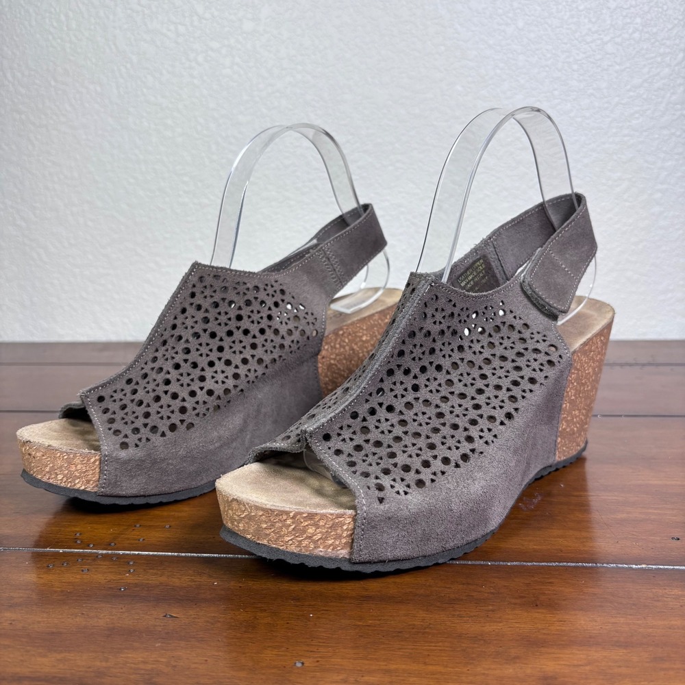 Bio-Gold Wedge Sandals Women 9 Gray Suede Laser Cut Cork Platform Made in Italy